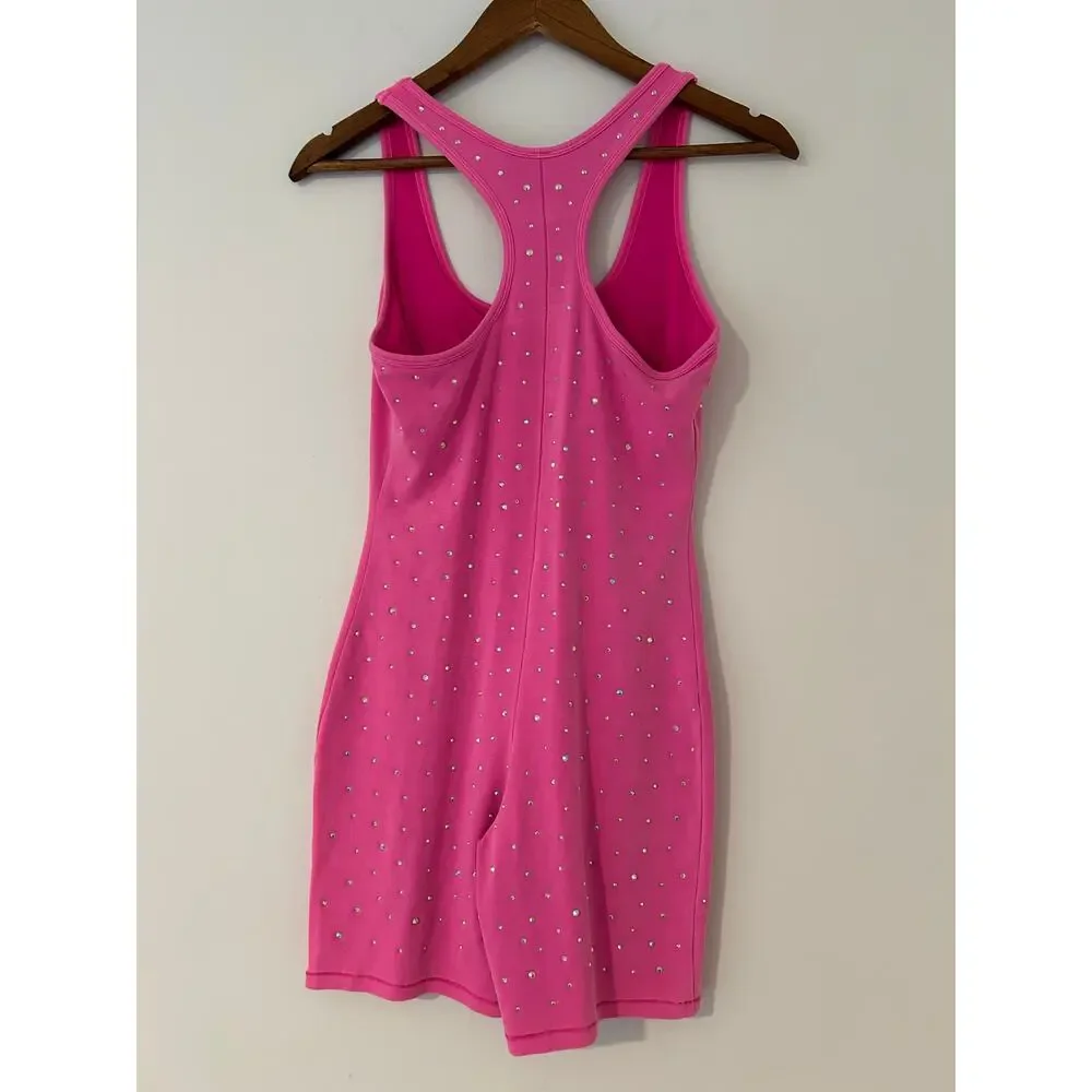SKIMS Outdoor Rhinestone Racerback Mid Thigh Onesie Active Work out Taffy Pink L - Picture 7 of 9